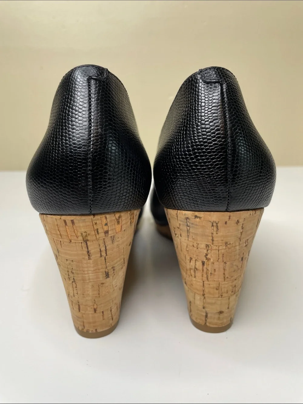 NINE WEST Black Pebble Leather JELICA Open-Toe Cork Wedge Pumps 10